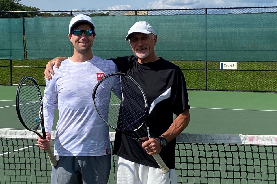 Peter Koehli, right, teamed up with Eric Koeli to win their 10th straight men's doubles title at the Orillia Tennis Club's recent event at the West Orillia Sports Complex courts.