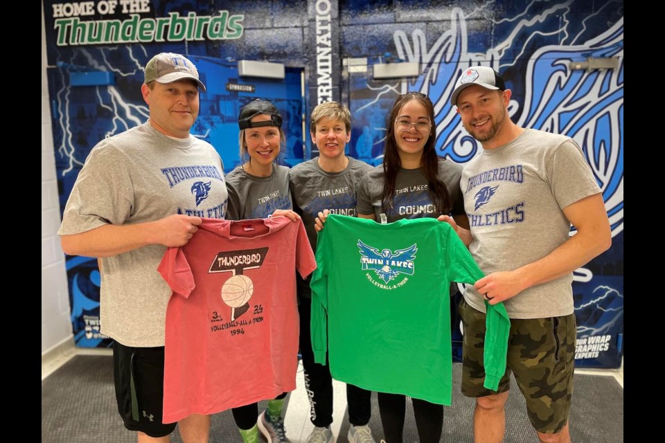 Members of the Twin Lakes Secondary School athletic committee, and teachers of the school, participated in the 24-hour volleyball marathon that started on Wednesday afternoon. From left are Jamie Bell, Sarah Hagman, Megan Handry, Jenna Weick, and Andrew Corry. 