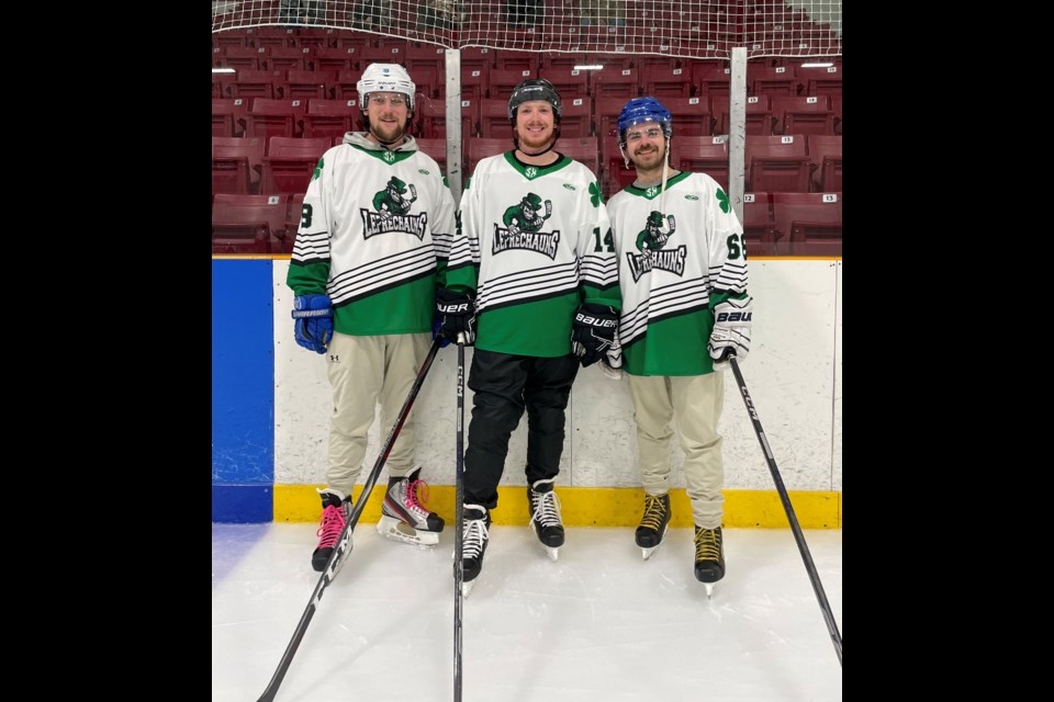 From left are childhood friends Josh McCreith, Tyler Evans, and Mark Griffiths who play pick-up hockey together in Rama First Nation each week. 