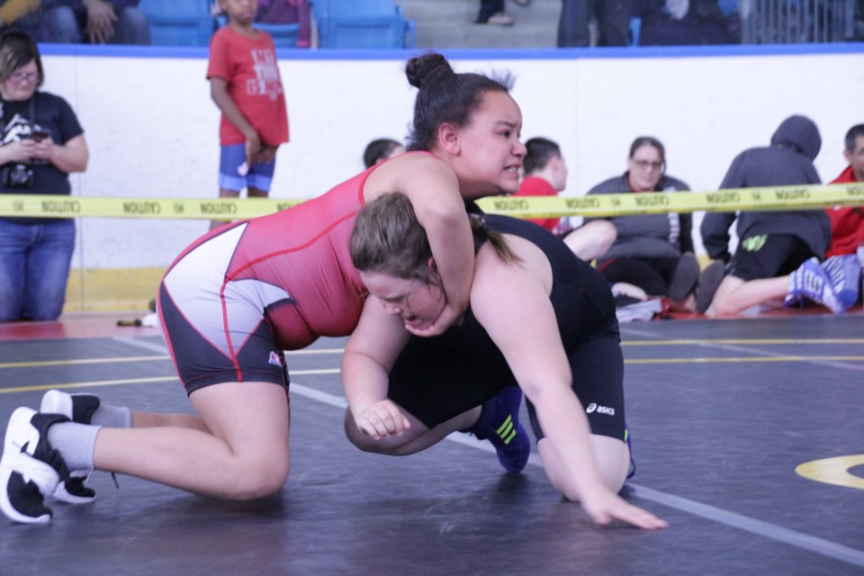 Anna Kaseka and Arabelle Lair, of Club Vipers Wrestling Club, battled it out for a chance to move on in the Canada East Wrestling Championship at Rotary Place. Mehreen Shahid/OrilliaMatters