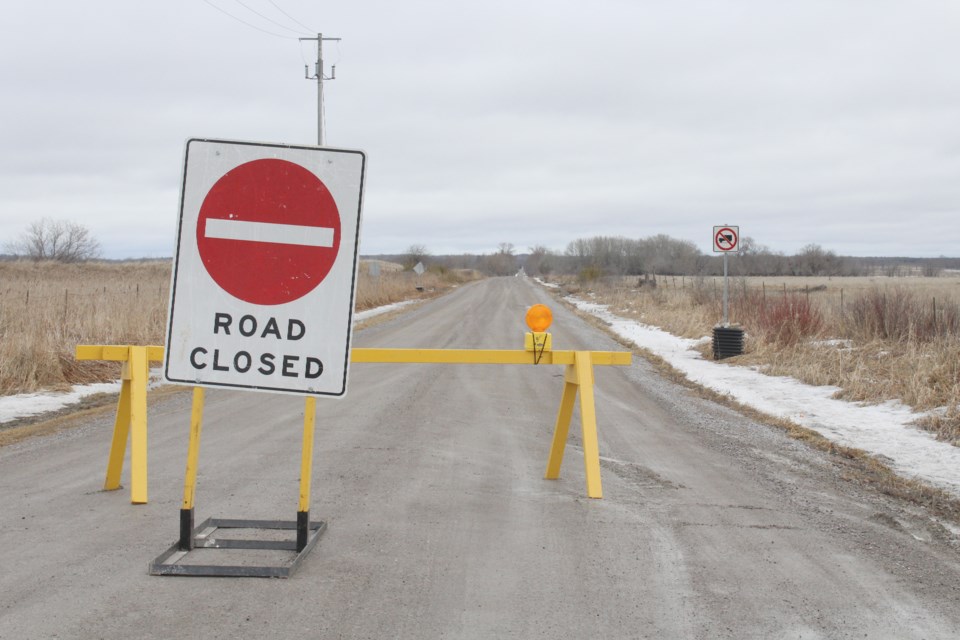 Concession Road 2 in Ramara Township was closed Wednesday from the Lafarge quarry to Sideroad 5 due to flooding. Nathan Taylor/OrilliaMatters