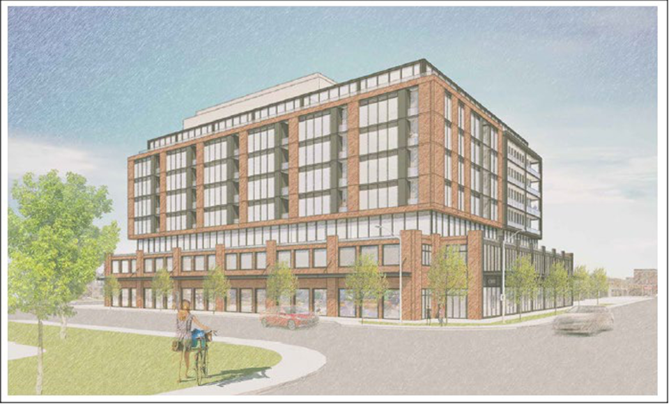 The city will consider zoning by-law amendments to permit Fram+Slokker's eight storey, 97 residential unit project at 70 Front St. N. on Monday, Sep. 19. Above is a rendering of the proposed building.