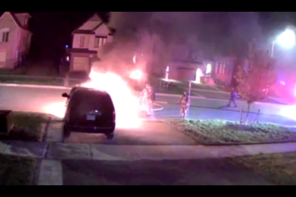 Police are investigating a suspected arson following a vehicle fire Saturday night on Orion Boulevard. Security camera footage shows the Orillia Fire Department extinguishing the blaze.