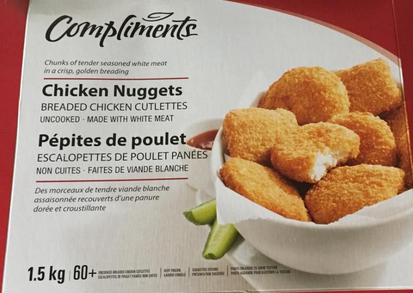 Compliments Chicken Nuggets, 2019 JL 18 - Outer box, front.