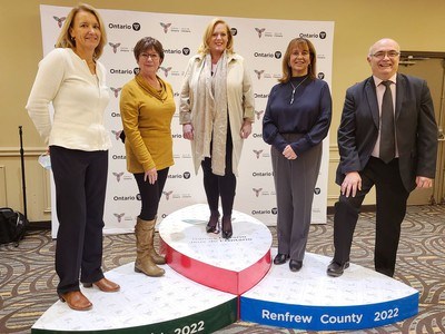 Taking part in the $400,000 announcement are  Cindy Burwell, games manager; Renfrew County Warden Debbie Robinson; Lisa MacLeod, Ontario’s Minister of Heritage, Sport, Tourism, and Culture Industries; Julie Hensen, director GM Rogers TV as Rogers is the presenting sponsor and Renfrew Reeve Peter Emon, games organizing committee chairman