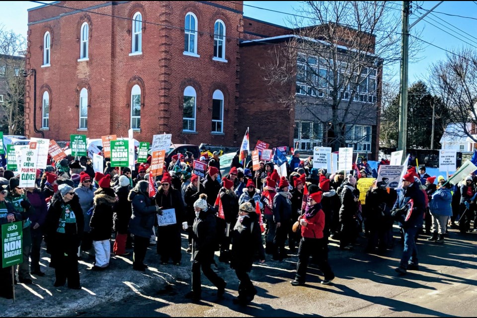 Between 400 and 500 teachers gathered outside the office of Renfrew-Nipissing-Pembroke MPP John Yakabuski on February 21, 2020 to protest proposed cuts to education. All Ontario schools were closed less than a month later due to the COVID pandemic.