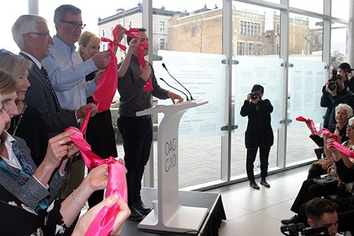Rideau-Vanier Coun. Mathieu Fleury, Mayor Jim Watson, OAG CEO Alexandra Badzak, OAG Chair Lawson AW Hunter and all in attendance take part in a ribbon-tying event to open the new OAG on Saturday, April 28.