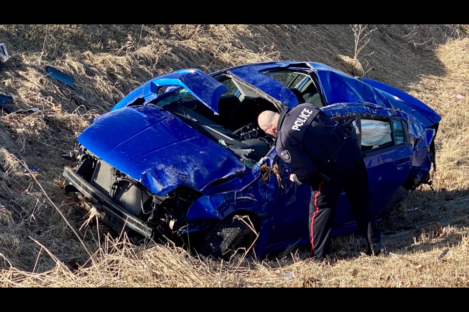 Single-vehicle crash at Bearbrook Road and St. Joseph Boulevard in Ottawa, April 2, 2020. Photo/ Ottawa Paramedic Service