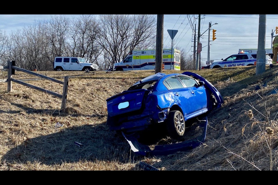 Single-vehicle crash at Bearbrook Road and St. Joseph Boulevard in Ottawa, April 2, 2020. Photo/ Ottawa Paramedic Service