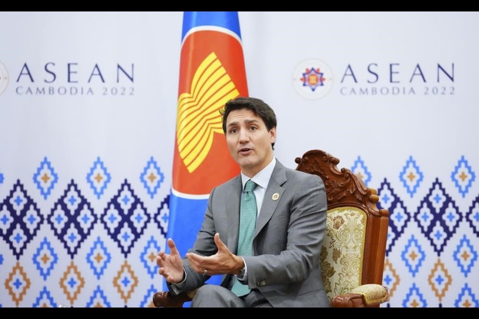 Prime Minister Justin Trudeau takes part in a bilateral meeting with Secretary General of the Association of Southeast Asian Nations Lim Jock Hoi during the ASEAN Summit in Phnom Penh, Cambodia, Sunday, Nov. 13, 2022. THE CANADIAN PRESS/Sean Kilpatrick