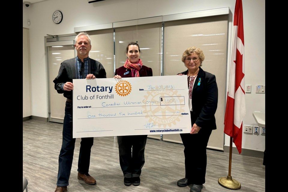 Photo of Cheque Presentation – Left to right: Michael Hrycusko (UCC-Niagara Board Member), Carolyn Mullin (Rotary Club of Fonthill President, Irene Newton (UCC-Niagara President)