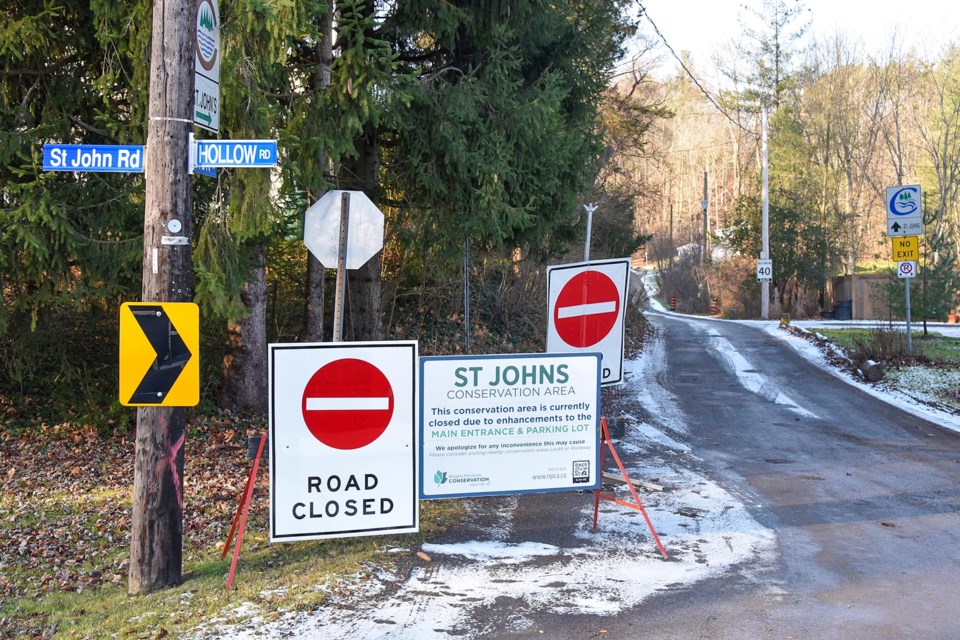 Signage indicating changes coming to St. Johns Conservation Area—including paid parking—next spring. On Friday, Dec. 15, the NPCA board backtracked and said that parking would remain free for the next three years.