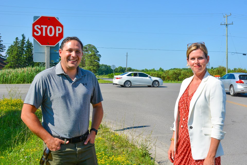 Balfour Street resident Chris Ventura and Pelham Regional Councillor Diana Huson at the increasingly hazardous intersection of Balfour and Highway 20, in Fenwick.