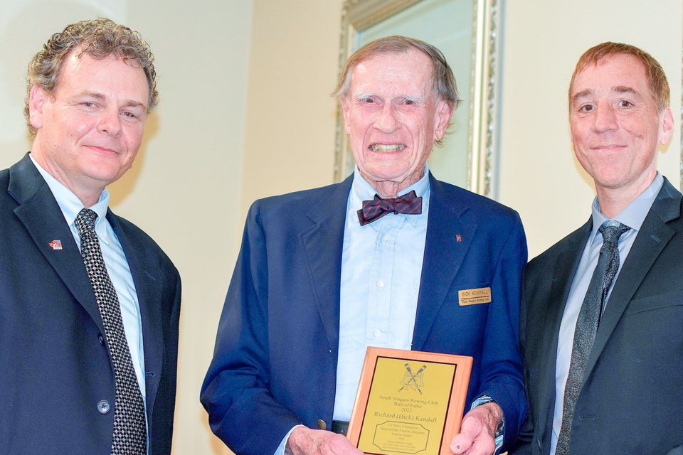 Dick Kendall is flanked by SNRC president Kevin Fuller and 2016 SNRC Wall of Fame Inductee Robb Blacquiere.