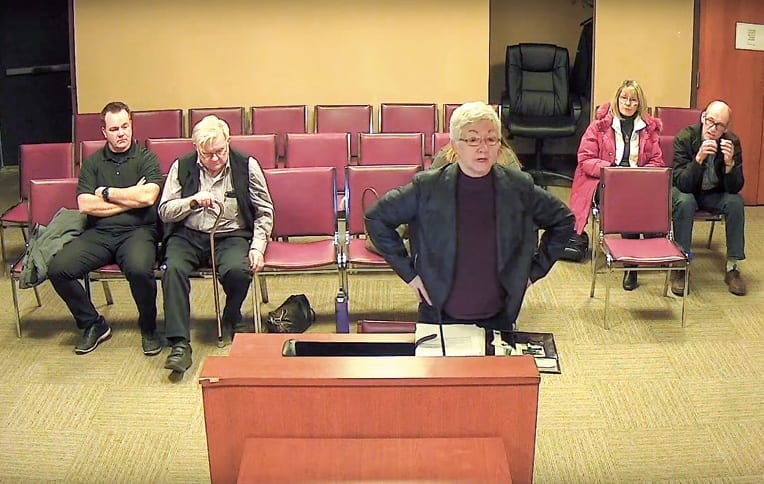 Resident Del Laney speaks before Pelham Town Council on Monday, March 9. YOUTUBE