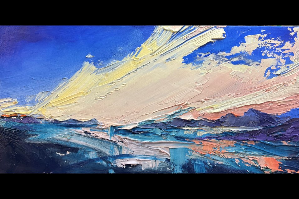 SKYLINE SEARCHING BY SAMANTHA WILLIAMS-CHAPELSKY, ACRYLIC ON CANVAS, AT ADELE CAMPBELL FINE ART GALLERY.