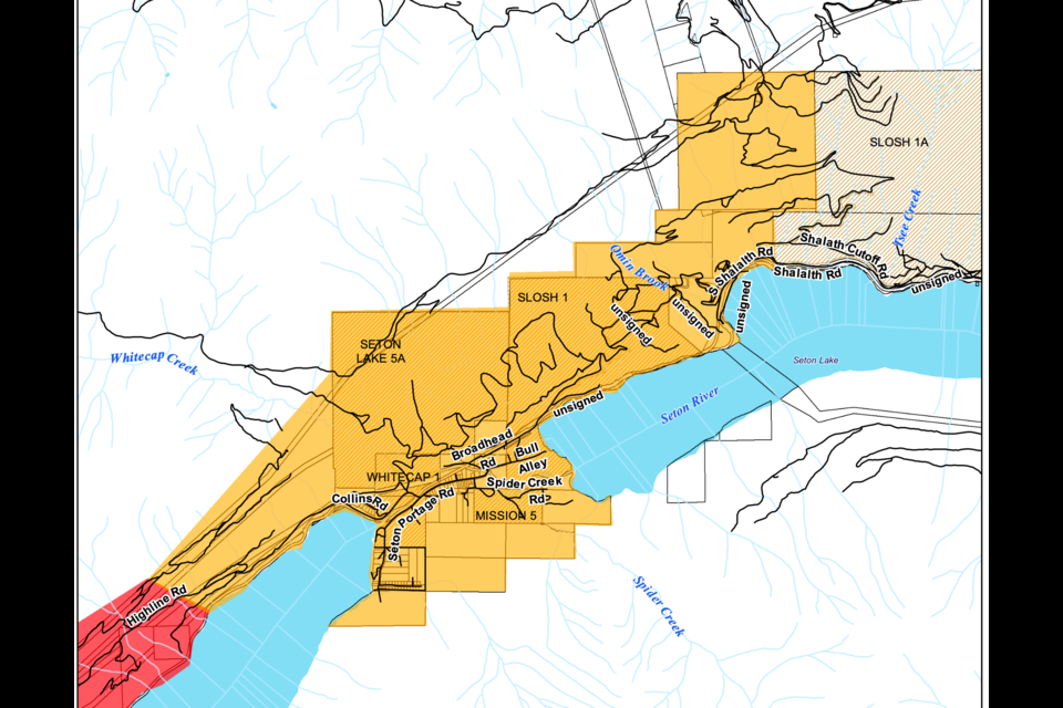 A map showing properties affected by an expanded evacuation alert near Anderson Lake.