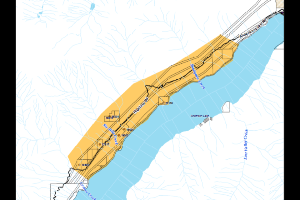 An area near Highline Road in the SLRD's Area B affected by an evacuation alert.