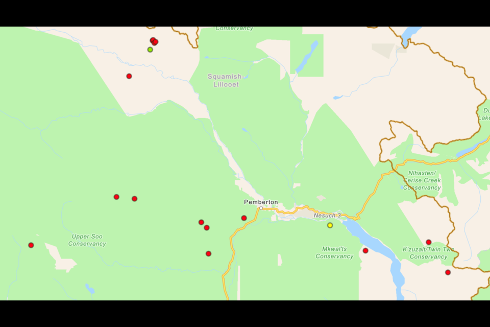 No fewer than 16 small fires are now burning near Pemberton after a lightning storm rolled through this afternoon.