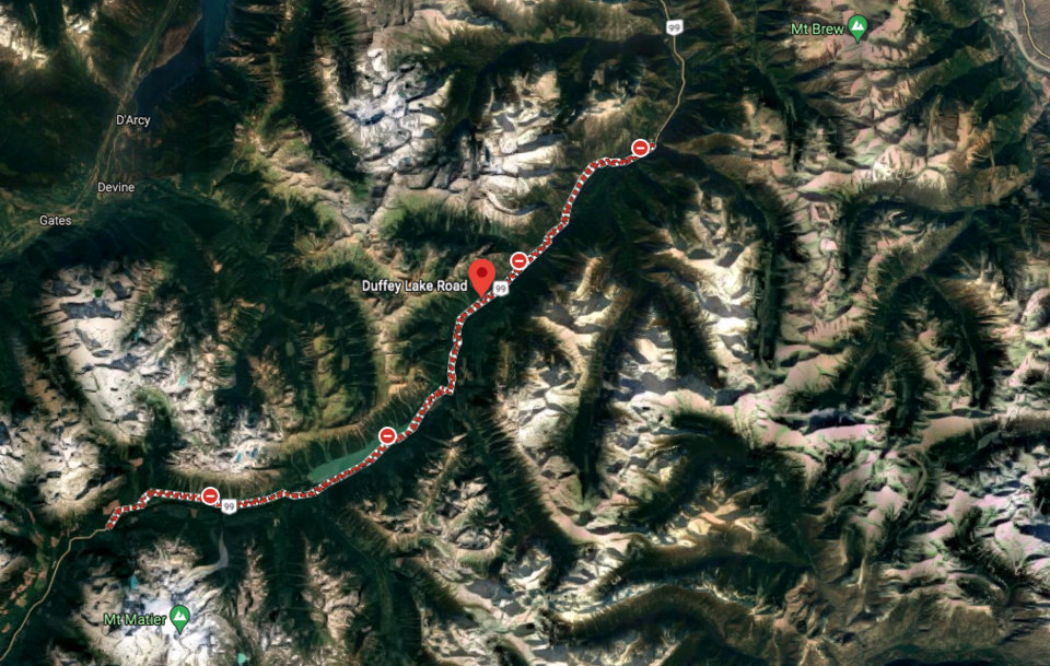 Duffey Lake Road BC Hwy 99 map closed