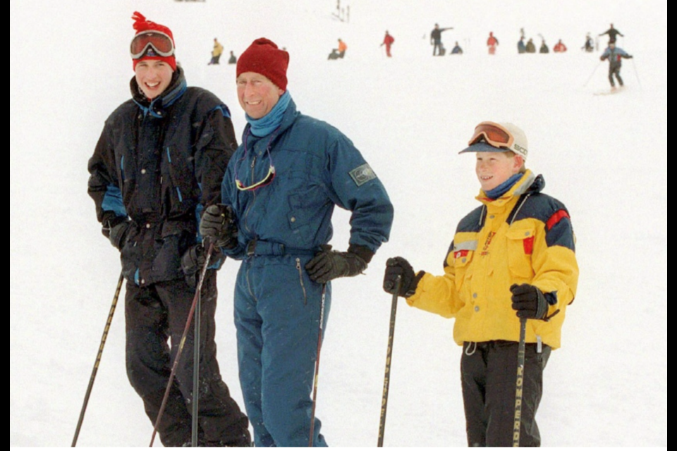 Left to right: Prince William, Prince Charles (now King Charles III) and Prince Harry during a ski day in Whistler in 1998.