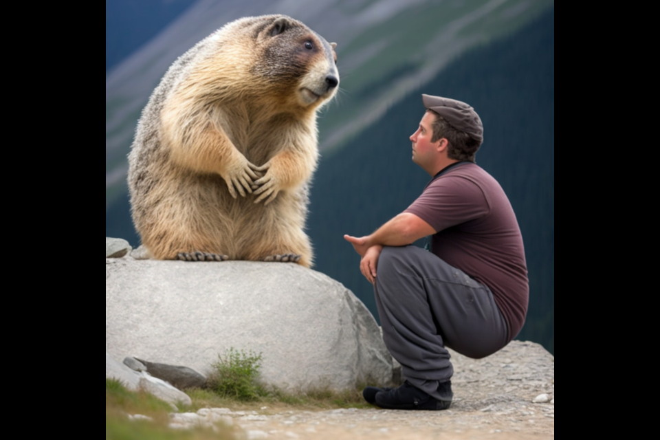 An AI program's attempt at depicting "a big fat bear in Whistler, B.C. who befriends a stinky little marmot."  Like its text counterpart, the image-based AI program struggled with Pique's silly concept, churning out images of odd bear/beaver/gopher mashups befriending fat little humans. We're not complaining, but why does the large therapy beaver appear to have three human hands, one of which definitely has six fingers? Why is the chubby man squatting before it? Why does the AI appear utterly ignorant of the existence of marmots? We'll never know. 