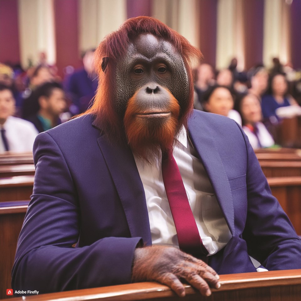 firefly-orangutang-wearing-a-dark-blue-suit-and-red-tie-sitting-inside-a-court-room-with-a-crowd-in