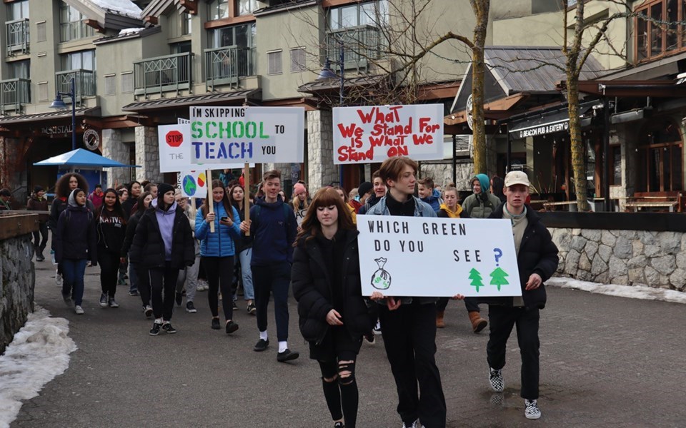 Whistler students took to the stroll on Friday, March 15, 2019, to protest insufficient government action on climate change. 
