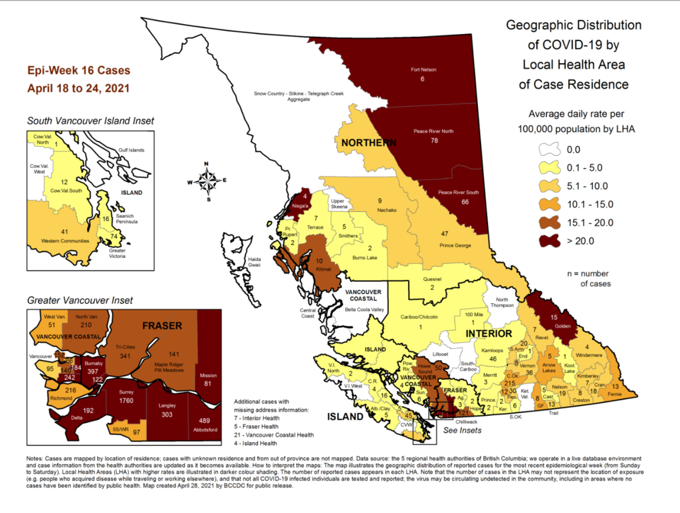 bc cdc local health area map - covid cases - April 18 to 24 2021