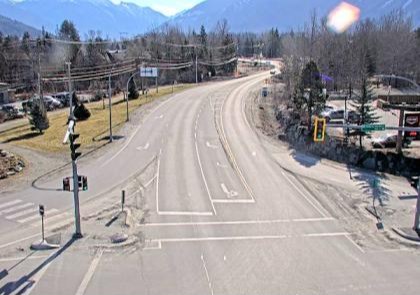 Highway 99 through Pemberton at Portage Rd, looking east. March 27, 2023. 