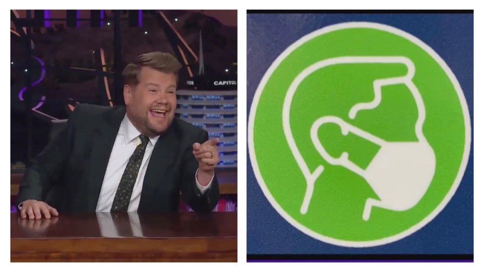 James corden late late show bc ferries mask sign