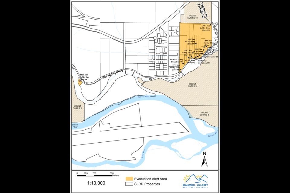 An Evacuation Alert has been issued for the highlighted areas. For more information go to slrd.bc.ca.