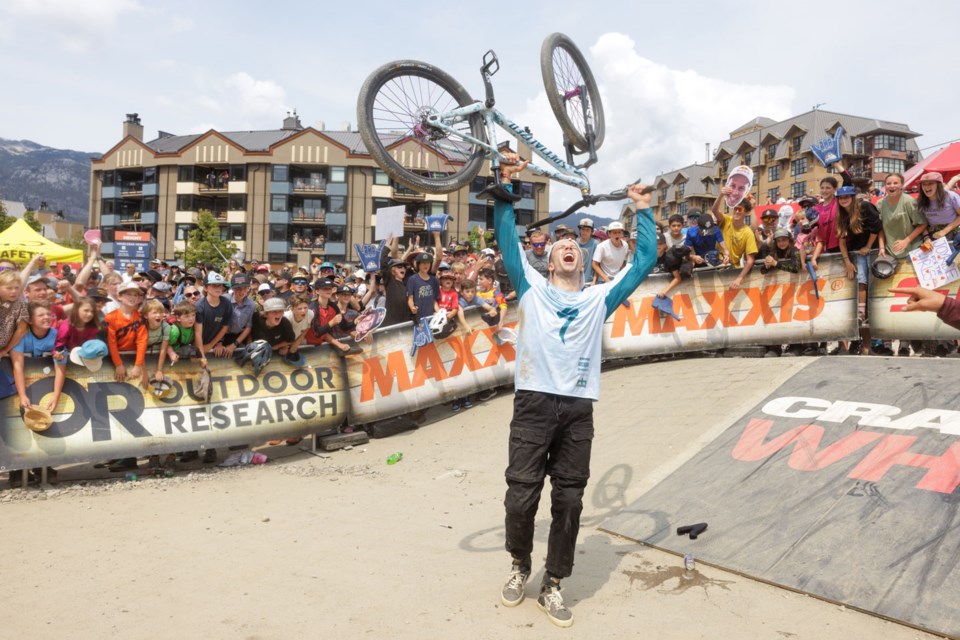 PURE JOY Men’s Red Bull Joyride winner Dawid Godziek celebrates at the bottom of Whistler Mountain after taking the big win on July 27. 