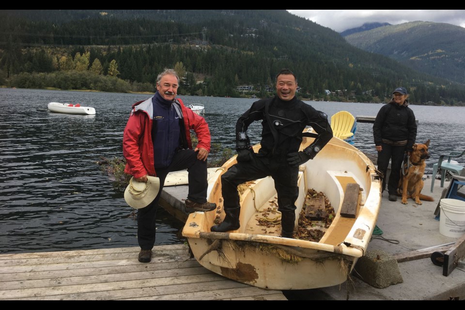GREAT LAKE CLEAN-UP Roger McCarthy and Henry Wang pose with a sailboat recovered from Alta Lake on Oct. 8, during one of two lake clean-ups that took place in Whistler this fall. Whistler’s Great Lake Clean-Up usually takes place in the summer, but the ongoing pandemic delayed the tradition until last month, when members of Divers for Cleaner Lakes and Oceans made their eighth annual plunge into Whistler’s lakes. 
Photo submitted