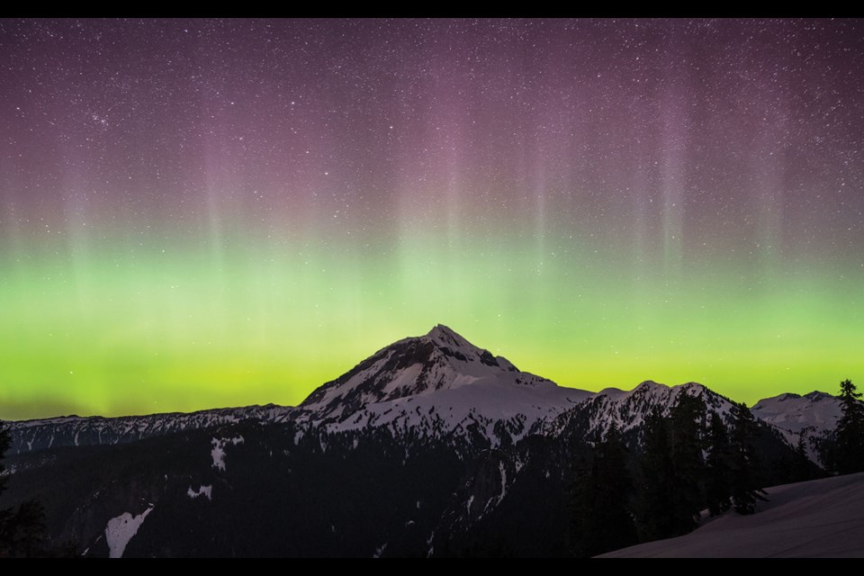 SKY SCENES The aurora borealis came out to play in Whistler and the Sea to Sky this weekend, measuring in as a Kp 6 or "Moderate Storm" This photo was snapped early on Saturday, April 17, from Round Mountain in Squamish, with Atwell Peak visible in the distance.