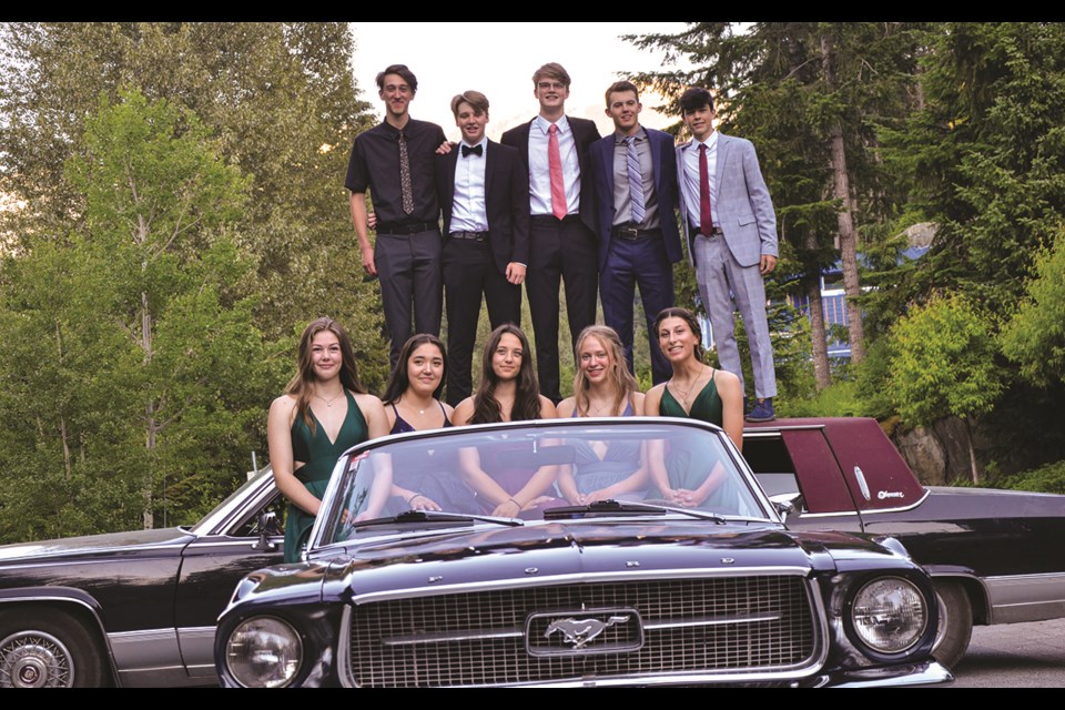 CONGRATS GRADS From left to right (top row) Jaden Tucker, Nelson Fish, Lochy Rode, Aiden Legge, Saxon Forster (bottom row) Caitlin Nash, Midori Holland, Natalie Corless, Ella Crawford and Annelise Aldrich all celebrated their graduation from Whistler Secondary School with a dinner hosted by Andrea and Steve Legge on Monday, June 28. 