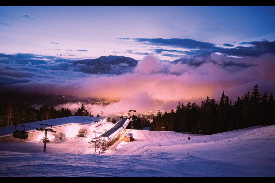 SUNSET VIEWS “After spending the evening with good friends, booters and fun, we were skiing out only to come across one of the most stunning views of Whistler I’ve ever seen,” writes the photographer. “Blackcomb Mid-station glowing and the lights of the village illuminating the rolling clouds charging down the valley.” 