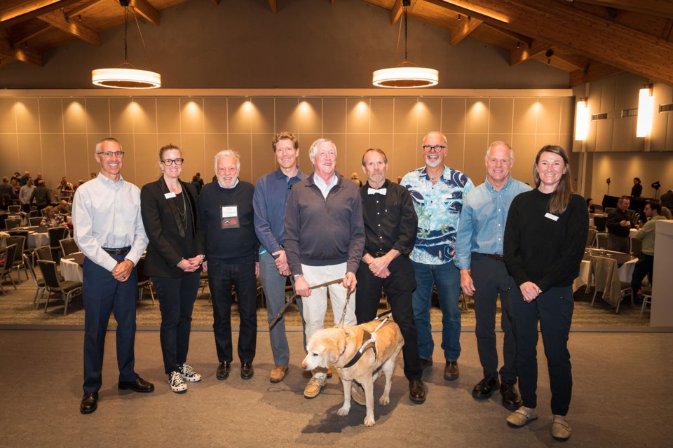 BIG IDEAS From left, panellists George Ruther, Kate Roddick, Al Raine, Dale Mikkelsen, Steve Bayly, moderator G.D. Maxwell, Whistler Institute board chair Dave Williams, panellist Duane Jackson and Whistler Institute executive director Suki Cheyne pose for a photo following a housing discussion. The talk was hosted by the Whistler Institute and the Canada West Ski Areas Association at the Whistler Conference Centre on Thursday, April 27.