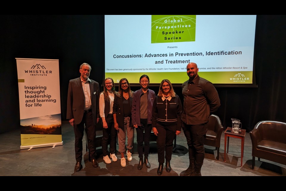 SPEAK UP The Whistler Institute’s final Global Perspectives Speakers Series event of the season was held April 4 at the Maury Young Arts Centre. Pictured are speaker series chair Mike Van der Loo, Whistler Institute executive director Mandy Rousseau, and panelists Dr. Shelina Babul, Dr. Lyndia Wu, Dr. Naznin Virji-Babul, and Shea Emry. 