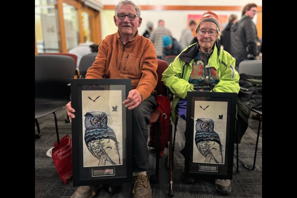 SONGS OF PRAISE Local birders Karl Ricker and Heather Baynes received an outstanding birder award for their steadfast service in observing and reporting birds during Whistler Naturalists’ annual general meeting Nov. 12. Not pictured was Chris Dale, who also received an award for his years of service. Dale recently passed away but speakers for the evening said he’s left long legacy of mentorship and biodiversity research. 