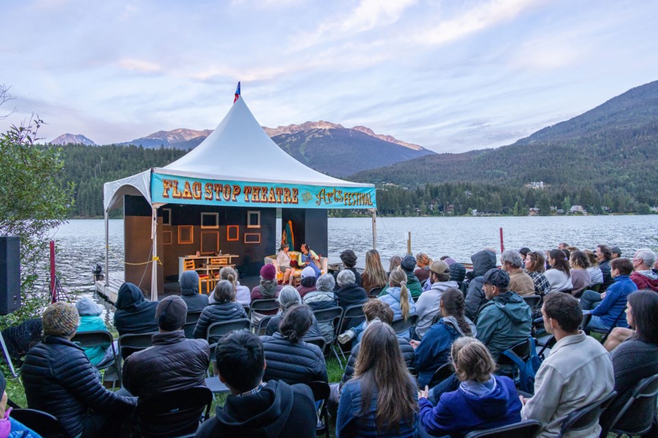 FLOATING DEBUT The premiere of The Conversation by Bronwyn Preece, directed by Brandon Barrett, lit up the floating stage at The Point on Friday, Aug. 8, during the sold-out 14th Annual Flag Stop Theatre & Arts Festival. 