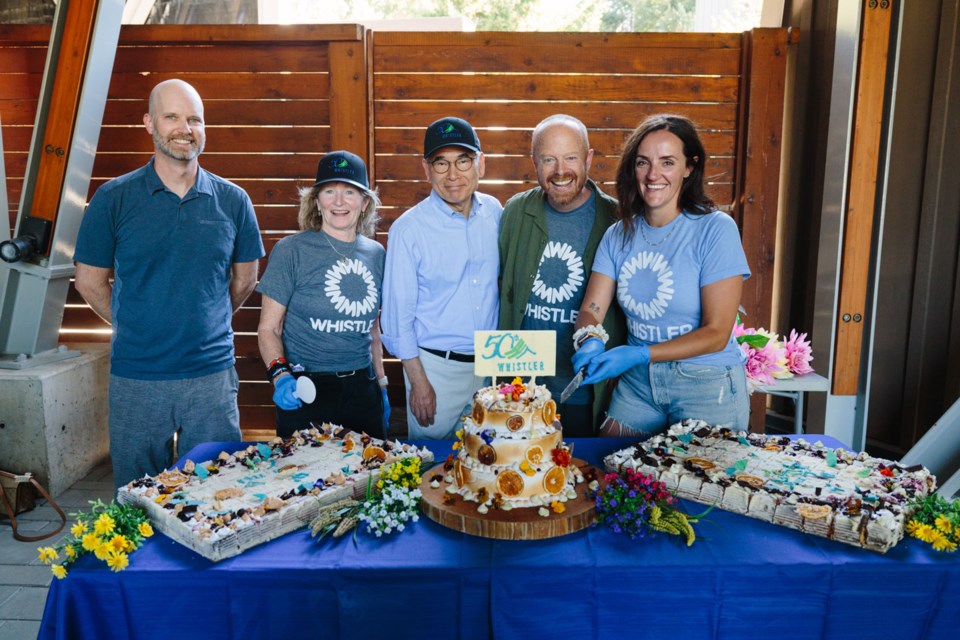 CUT THE CAKE The first round of Whistler’s 50th-anniversary celebrations took place last weekend—and there was cake! Councillors Jeff Murl, Cathy Jewett and Jessie Morden pose with Mayor Michio Tsuchiya, of Whistler’s Japanese sister city Karuizawa, and Whistler Mayor Jack Crompton.