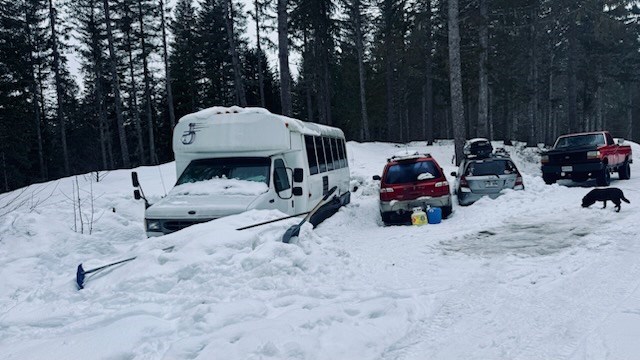 Campers on Cheakamus Lake FSR in February, 2025.