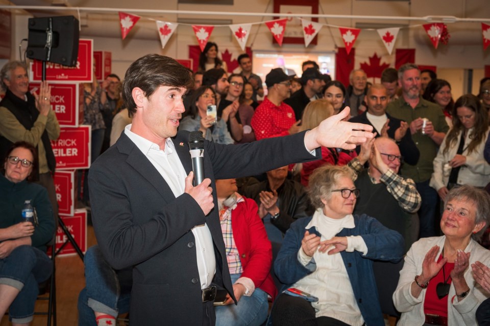 Newly re-elected West Vancouver-Sunshine Coast-Sea to Sky Country MP Patrick Weiler makes a victory speech to his supporters at his West Vancouver campaign headquarters on Monday, April 28. 