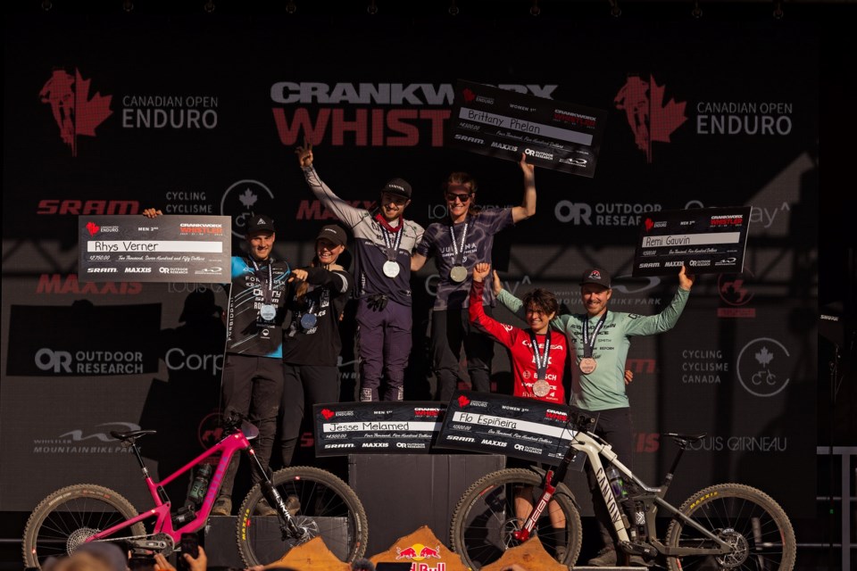 2023 Canadian Open Enduro elite medallists, left to right: Rhys Verner, Miranda Miller, Jesse Melamed, Brittany Phelan, Flo Espineira, Remi Gauvin. 