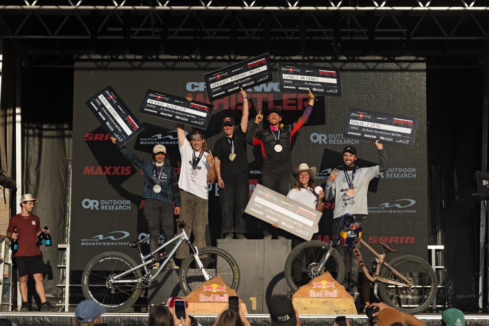 2023 Crankworx Speed & Style medallists, left to right: Robin Goomes, Bernd Winkler, Harriet Burbidge-Smith, Garret Mechem, Shealen Reno, David Lieb.