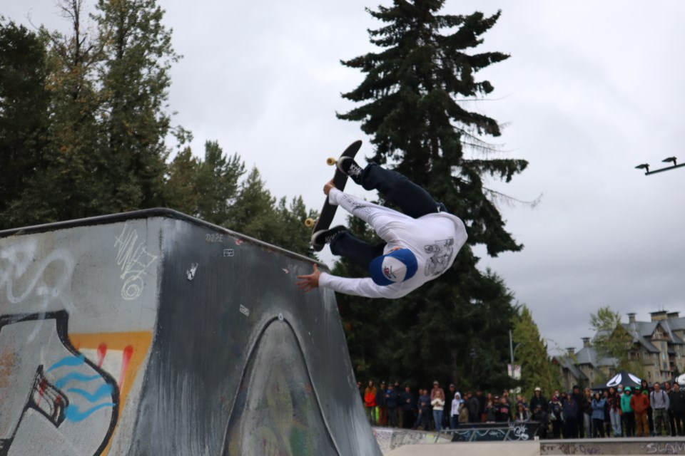 Team Canada skateboarder Adam Hopkins lays down a handplant at Whistler Skate Park at the first Mayhem in the Mountains competition last year.