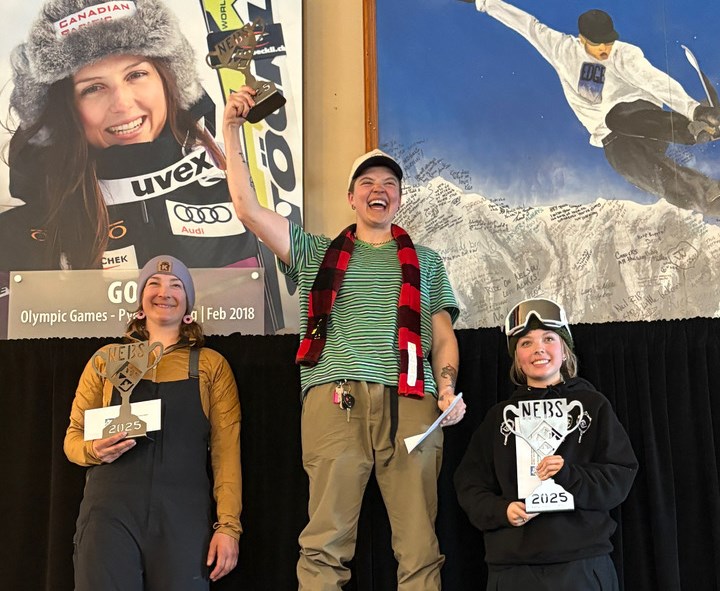 Pro women's podium at the 2025 Neil Edgeworth Memorial Banked Slalom, left to right: Kiana Putman, Carleigh Quiring and Annie Akehurst.