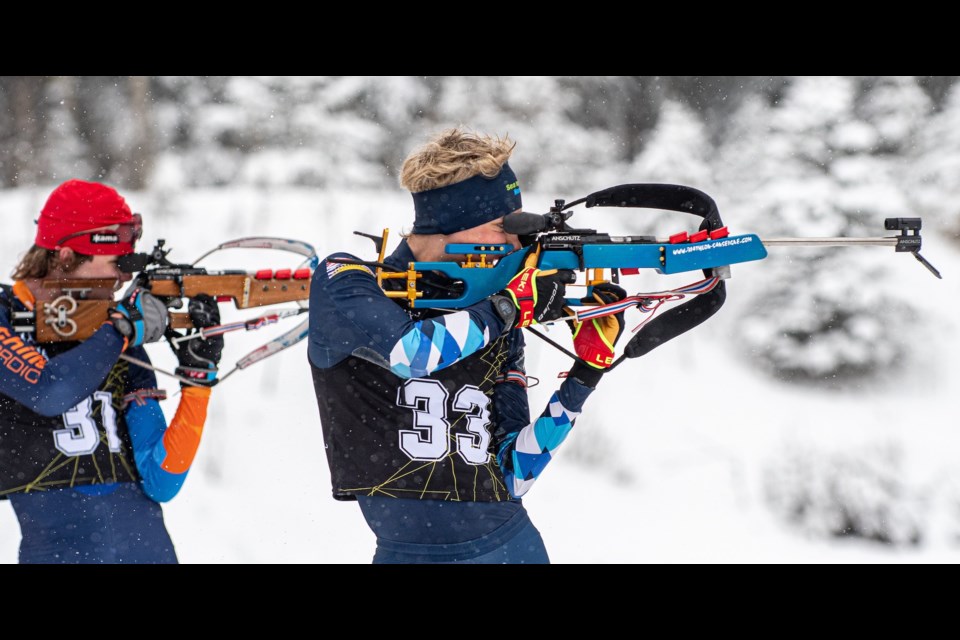 Taje Hansen (bib #33) takes aim during the 2024 Canadian Biathlon Championships in Hinton, Alberta.