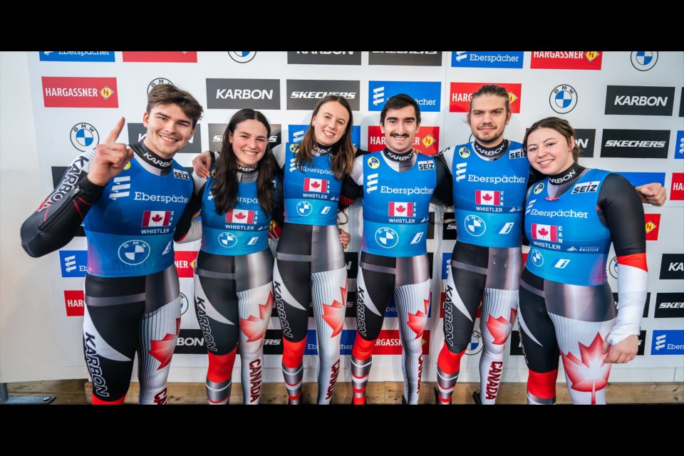 Left to right: Canadian lugers Cole Zajanski, Embyr-Lee Susko, Trinity Ellis, Devin Wardrope, Theo Downey and Beattie Podulsky in Whistler on Dec. 16, 2023.